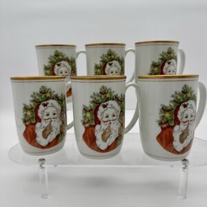 VTG Fitz and Floyd St Nicholas Santa Whisper Set Of 6 Mugs 1978 Gold Candy cane